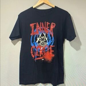 Black Graphic T-Shirt with Red and Blue Design